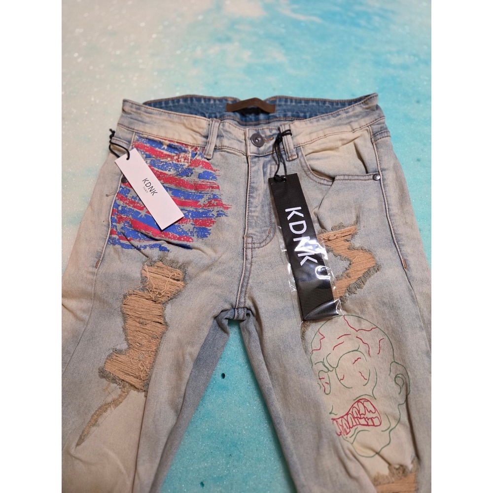 KDNK Skinny Flare Distressed Graphic Jeans Light Wash Embroidered Size 28 NWT